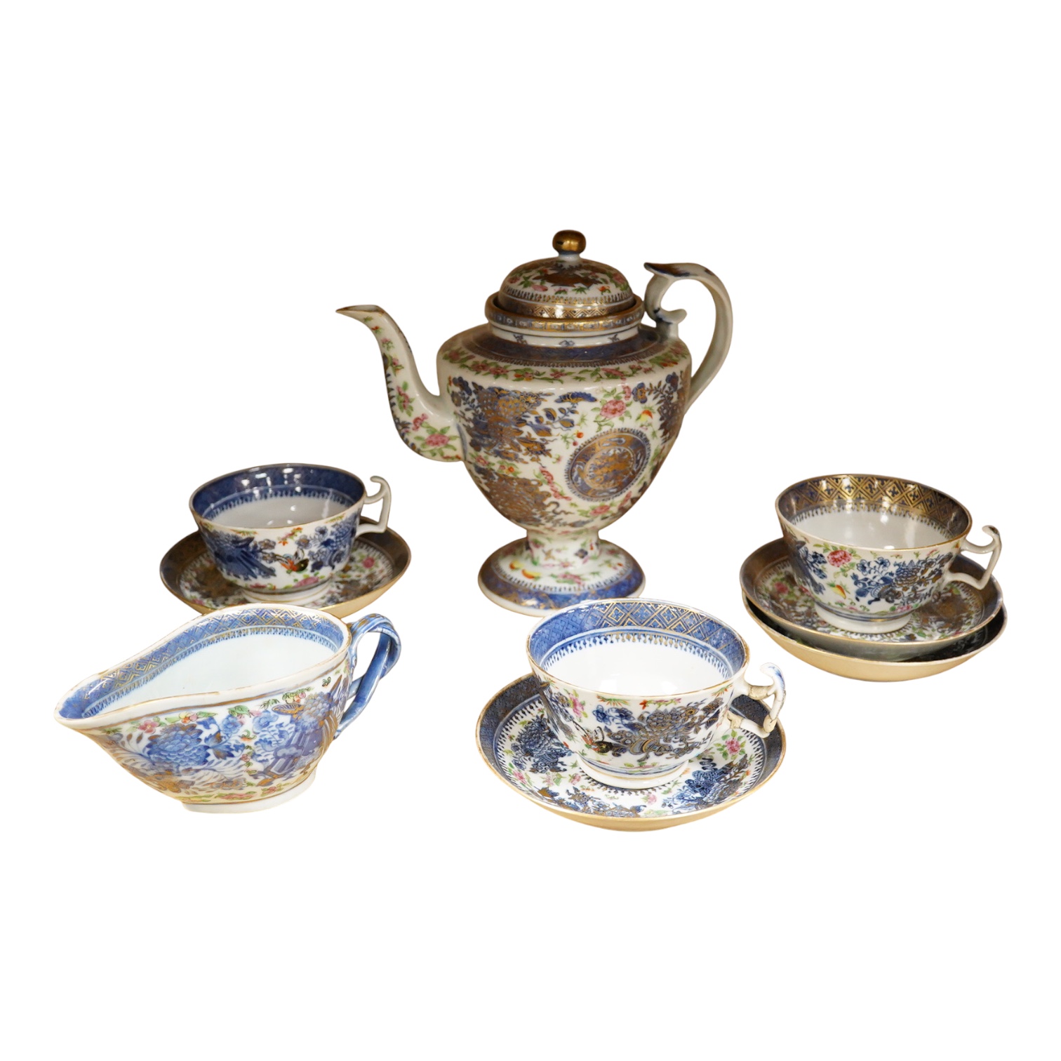 An early 19th century Chinese porcelain part tea set and matching sauce boat - teapot 25cm high